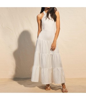 Wholesale casual dress by clothing manufacturers White round neck sleeveless layered hem Summer cotton linen dresses