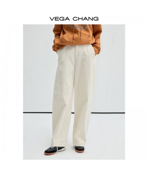 VEGA CHANG Cream-Coloured Loose Slim Cotton Corduroy WideLeg Casual Pants