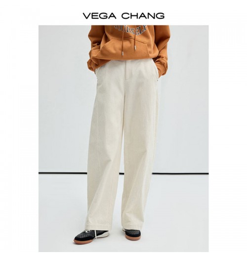 VEGA CHANG Cream-Coloured Loose Slim Cotton Corduroy WideLeg Casual Pants