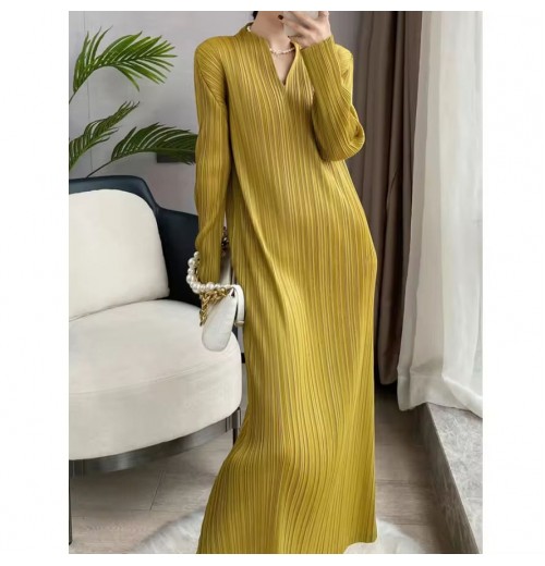 Miyake Pleated Fast Delivery Solid Color V-Neck Elegant Casual Loose Plus Size Dress For Women Sexy Style For Summer