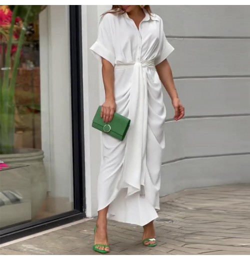 Fashion Summer Dress Women Lapel Mid Length Short Sleeve Single Breasted Solid Color High Waist Elegant Shirt Dresses