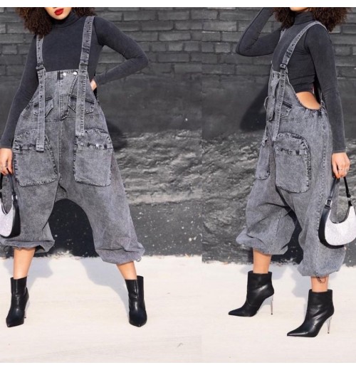 New Streetwear Fashion Women'S Pants & Trousers Cargo Overalls Grey Denim Jeans Loose Suspender High Waist Casual Trousers Pants