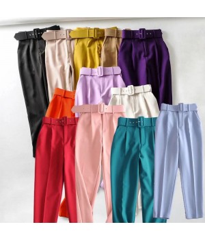 Wholesale Korea Women's Candy Color Suit Trousers with Belt Solid Color Office Lady Business Ninth Pants Casual Ankle Pants