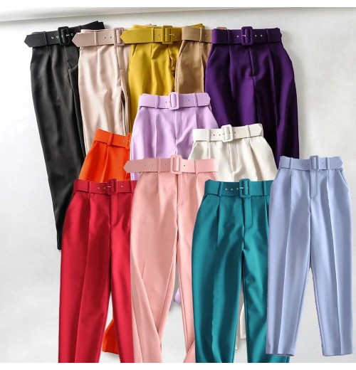 Wholesale Korea Women's Candy Color Suit Trousers with Belt Solid Color Office Lady Business Ninth Pants Casual Ankle Pants