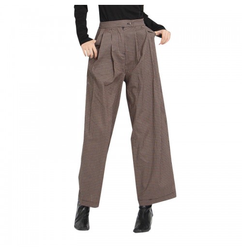 TWOTWINSTYLE New Style Patchwork Folds Straight High Waist Plaid Women'S Pants Trousers