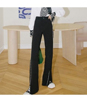 OUDINA Fashion Original Design Simple Loose Casual Rhinestones Mopping Wide Leg Pant Women's Pants Trousers