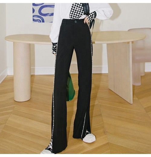 OUDINA Fashion Original Design Simple Loose Casual Rhinestones Mopping Wide Leg Pant Women's Pants Trousers